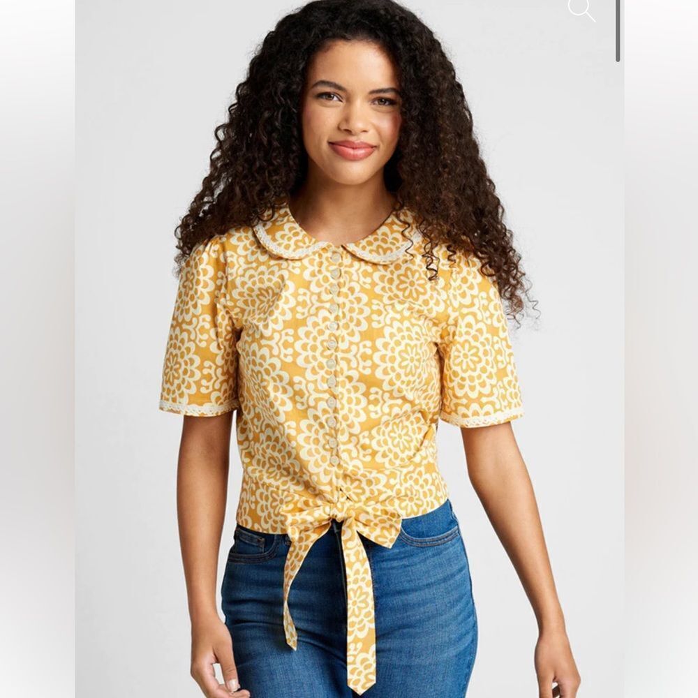 Sunflower Sojourn Tie-Waist Top Floral Crochet Lace Trim Mandala Yellow XXL NWT